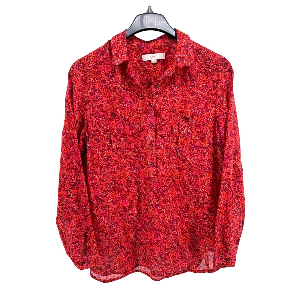 LOFT Blouse Womens Large Pre-Owned Blouse Red Abstract Floral LS Button Front